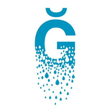 Azerbaijani or Turkish letter dissolves into droplets. Drops of liquid fall out as precipitation. Destruction effect. Dispersion. clipart
