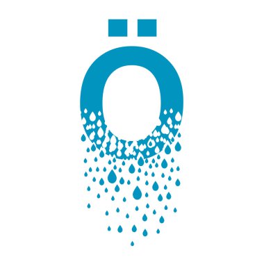 The letter o with umlaut dissolves into droplets. Drops of liquid fall out as precipitation. Destruction effect. Dispersion. clipart