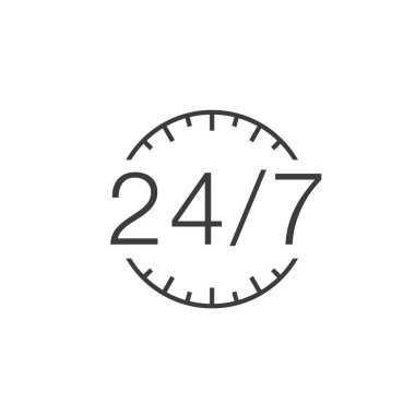 Üzerinde 7 'ye 24 sembolü olan saat simgesi, ince çizgilerden yapılmış..