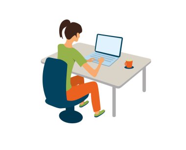 Bir kız masada oturuyor ve dizüstü bilgisayarla çalışıyor. Arkadan bak..