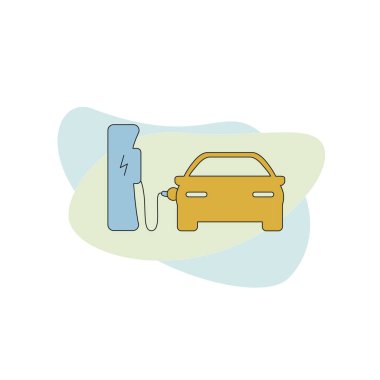 Soyut arkaplan şarj istasyonu ikonu ve güneş enerjisinden şarj edilen araba. Arabanın ön görüntüsü.