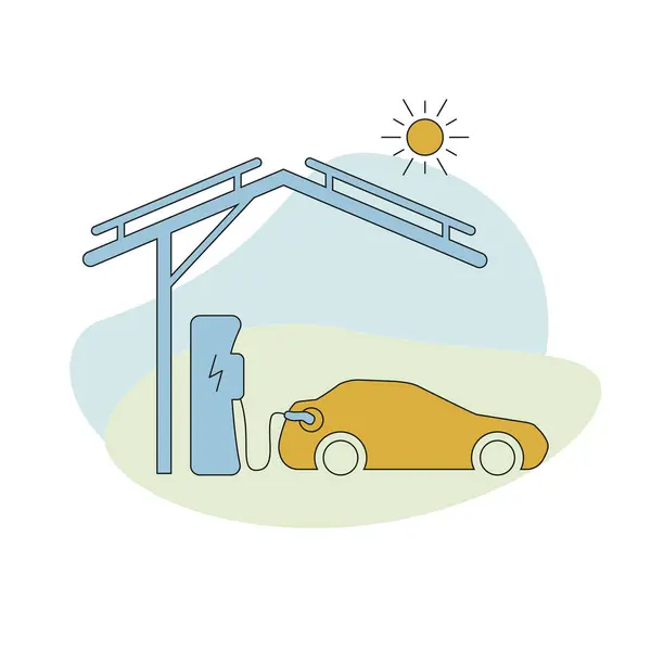 Soyut arkaplan şarj istasyonu ikonu ve güneş enerjisinden şarj edilen araba. Arabanın yan görünümü.