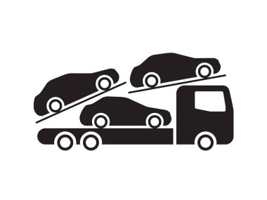 Üç araba taşıyan bir araba taşıyıcısının siyah-beyaz vektör ikonu. Araç lojistiği, otomatik ulaşım, nakliye, teslimat ve nakliye hizmetlerini temsil eden basit silüet tasarımı.