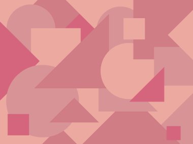 Üst üste binen daireler, kareler ve pembe tonlarda üçgenler içeren soyut geometrik arkaplan.