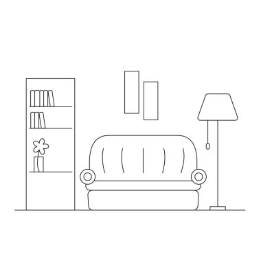 Kanepe, raflı dolap ve zemin lambası ince çizgiler ile tasarlanmıştır..