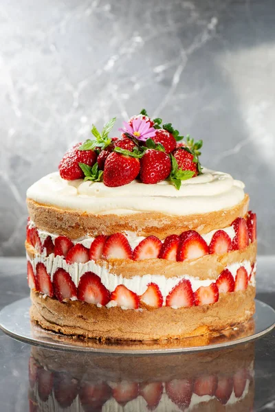 stock image Victoria Sponge Cake with delicious Chantilly cream and fresh strawberries