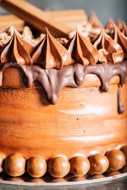 Lezzetli nemli çikolatalı kek, çırpılmış ganache, sütlü çikolata damlası ve dekorasyon..