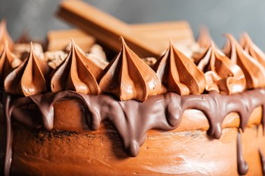 Lezzetli nemli çikolatalı kek, çırpılmış ganache, sütlü çikolata damlası ve dekorasyon..