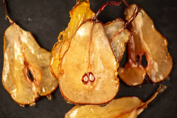 Candied Pear Chips First Dehydrated Dipped Caramel Sugar Solution Left — Stock Photo, Image