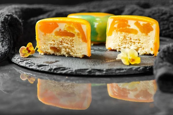 Gourmet Entremet Layered Sponge Cake Mango Jelly Mousse Covered Mirror — Stock Photo, Image