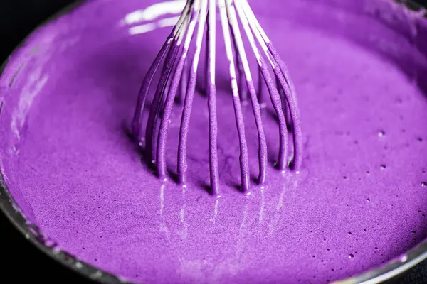 Kitchen Scenes Showing Mixing Ube Swiss Roll Cake Batter Ready Stock Photo