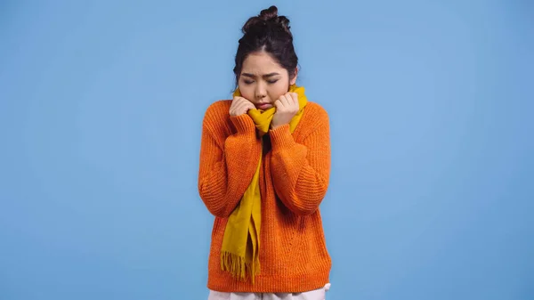 Doente mulher asiática em suéter laranja e cachecol sentindo frio isolado no azul — Fotografia de Stock