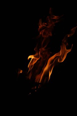 Siyah arka planda yangın alevleri. Siyah arkaplanda izole edilmiş alevlerin kapatılması