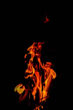 Siyah arka planda yangın alevleri. Siyah arkaplanda izole edilmiş alevlerin kapatılması