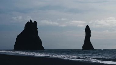 İzlanda 'daki meşhur Karadeniz Sahili' nin devasa deniz yığınları. Reynisfjara Kara Kum Sahili. Dalgalar kayalara çarpar ve martılar görkemli kayaların etrafında uçar. Hala ağır çekimde, 4K.