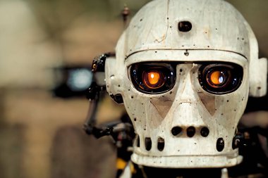 İnsansı robot kafası. 3B resim, gerçek bir nesneye dayanmıyor