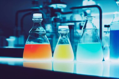 Laboratuar masasında çok renkli sıvılar olan cam mataralar. 3B resim, herhangi bir gerçek sahne üzerine kurulu değil