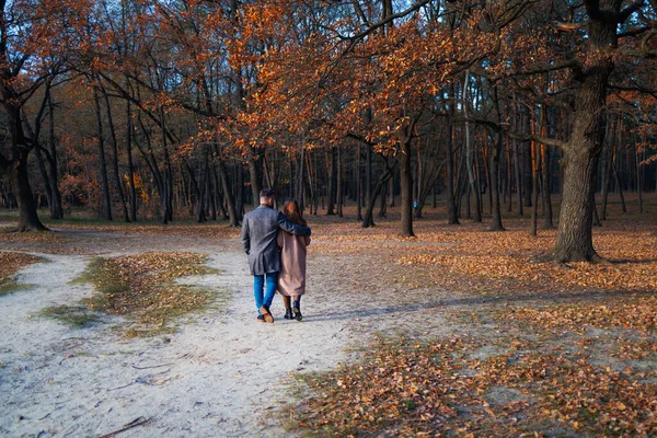 Вид Ззаду Молодої Пари Йде Парку Восени — стокове фото