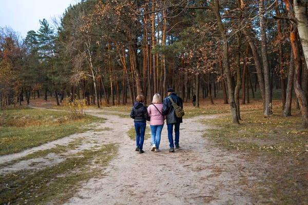 Семейная Прогулка Осеннем Парке Вид Сзади — стоковое фото