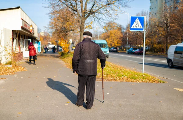 Unidentified Old Man Cane Walking City Ukraine — Stock Photo, Image