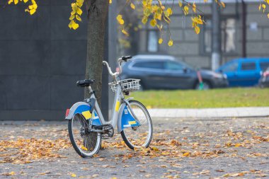 Şehir Caddesinde bisiklet kirası. Bisiklet paylaşım servisi. Ukrayna 'da kentsel çevrede bisiklet.