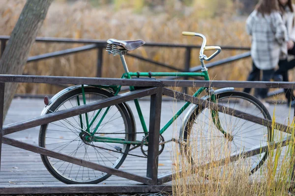 Retro Fahrrad Auf Brücke Herbst Park Outdoor Für Hintergrund — Stockfoto