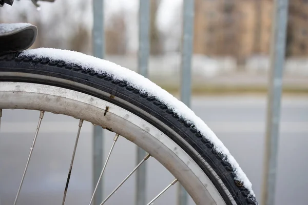 Велосипед Зимовому Лісі Вкритий Снігом Концепція Катання Вихідних Під Час — стокове фото