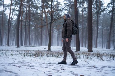 Sırt çantalı bir yürüyüşçü sisli ormanda kar altında yürüyor. Vahşi doğadaki maceraperest insanlar.