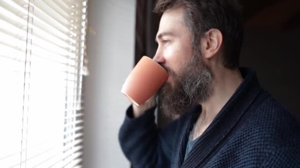 Handsome Positive Optimistic Nice Glad Attractive Guy Holding Cup Fresh — Stock Video