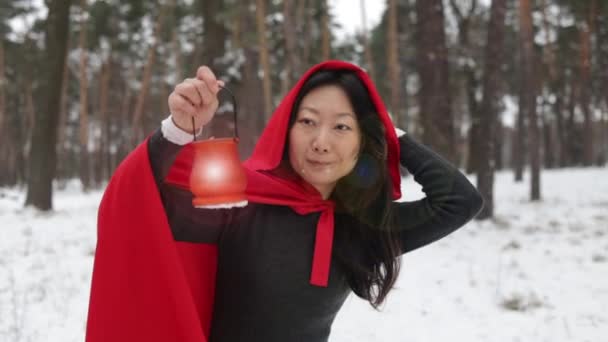 Little Red Riding Hood Wandelingen Door Winter Besneeuwd Bos — Stockvideo
