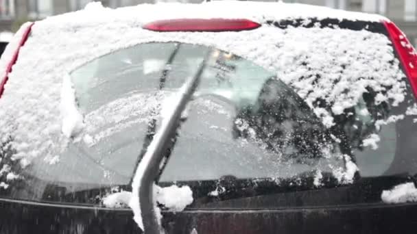 Άποψη Του Πίσω Χιονισμένου Παραθύρου Του Αυτοκινήτου Υαλοκαθαριστήρας Του Πίσω — Αρχείο Βίντεο
