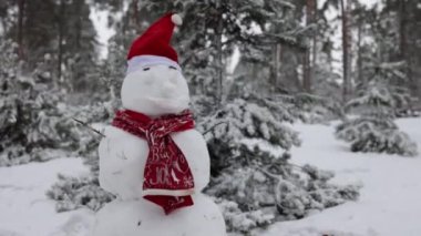 Karlı ormanda kırmızı eşarplı Noel Kardan Adam. Güzel bir kış geçmişi var. Parkta hediye kutusu olan komik bir kardan adam..