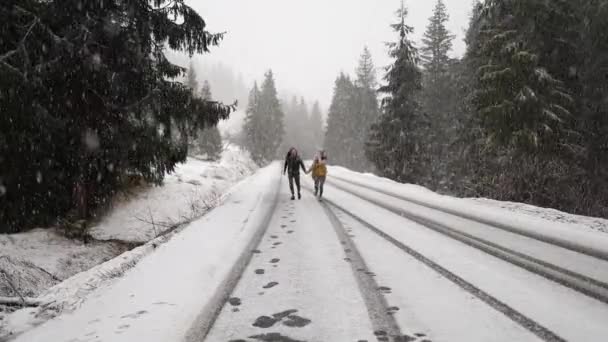 Mladý Multietnický Pár Teplých Svetrech Datuje Zimním Lese Vánoční Dovolenou — Stock video
