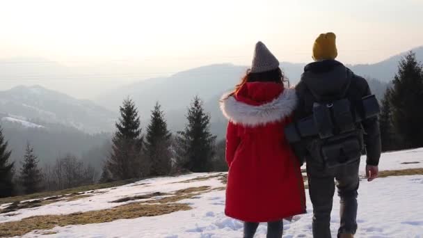 Pohled Zezadu Mladý Pár Stojící Sněhem Pokryté Zimní Přírodě Vzrušený — Stock video