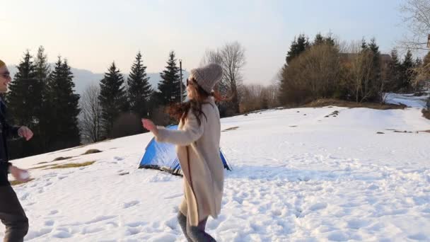 Young Mixed Race Couple Having Fun Camping Tent Winter Vacation — 비디오