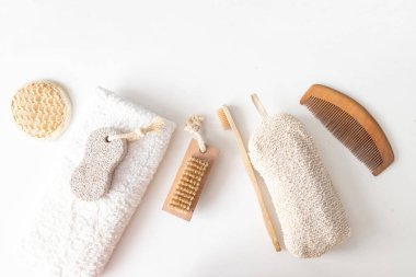Zero waste bathroom accessories, natural sisal brush, wooden comb, wooden brush for dry skin.