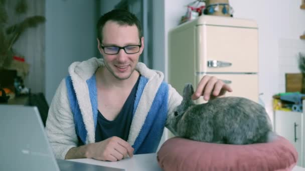 Handsome Young Man Sitting Table Grey Bunny Working His Home — Stock videók