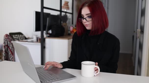 Menina Branca Boa Aparência Jovem Óculos Digitando Trabalhando Computador Portátil — Vídeo de Stock