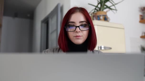 Young Good Looking Caucasian Girl Glasses Typing Working Laptop Computer — Stockvideo