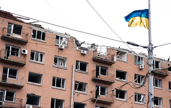 War of Russia against Ukraine. View of a civilian building damaged following a Russian rocket attack the city of Kyiv, Ukraine