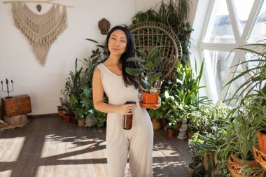 A beautiful Asian woman takes care of houseplants. A woman watering ficus in a red pot. Lots of plants in a wooden house. Concept: home gardening and floriculture.