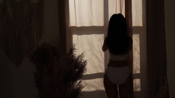 Beautiful Girl Underwear Opens Curtains Large Window Lets Light Room — стоковое видео