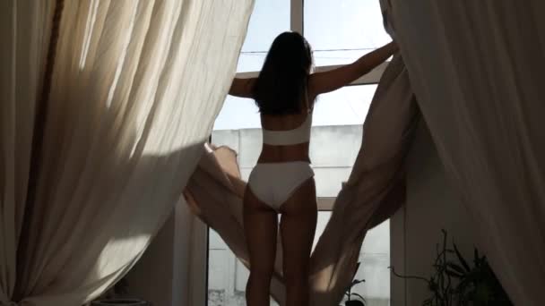 Beautiful Girl Underwear Opens Curtains Large Window Lets Light Room — Αρχείο Βίντεο