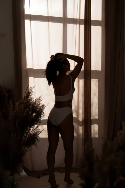 Sexy Woman Slim Body Underwear Standing Window Stretching Bed Waking — Foto de Stock