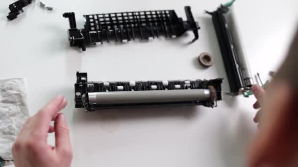 Printer Repair Technician Male Handyman Inspects Printer Starting Repairs Client — Stock video