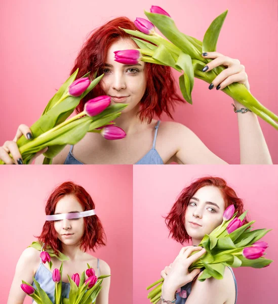 Collage Bella Giovane Donna Con Fiori Sfondo Colori Giornata Internazionale — Foto Stock