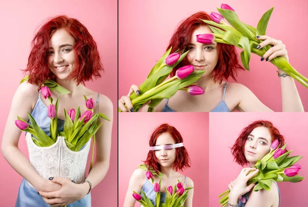 Collage Bella Giovane Donna Con Fiori Sfondo Colori Giornata Internazionale — Foto Stock