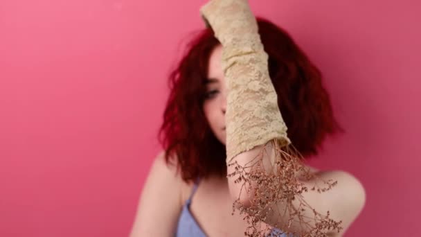 Beautiful Curly Haired European Woman Wears Silk Elegant Dress Dried — Stock Video
