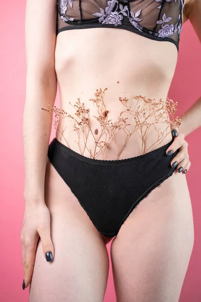 Slender Woman Underwear Holds Sprig Dried Flowers Intimate Area Close — Stock Photo, Image