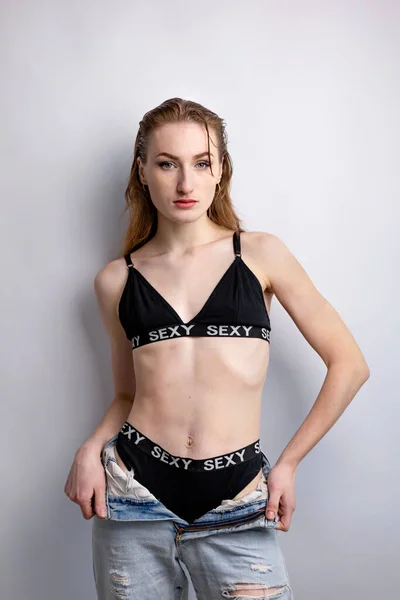 Standing White Background Beautiful Woman Underwear Posing Indoors — Stock Photo, Image